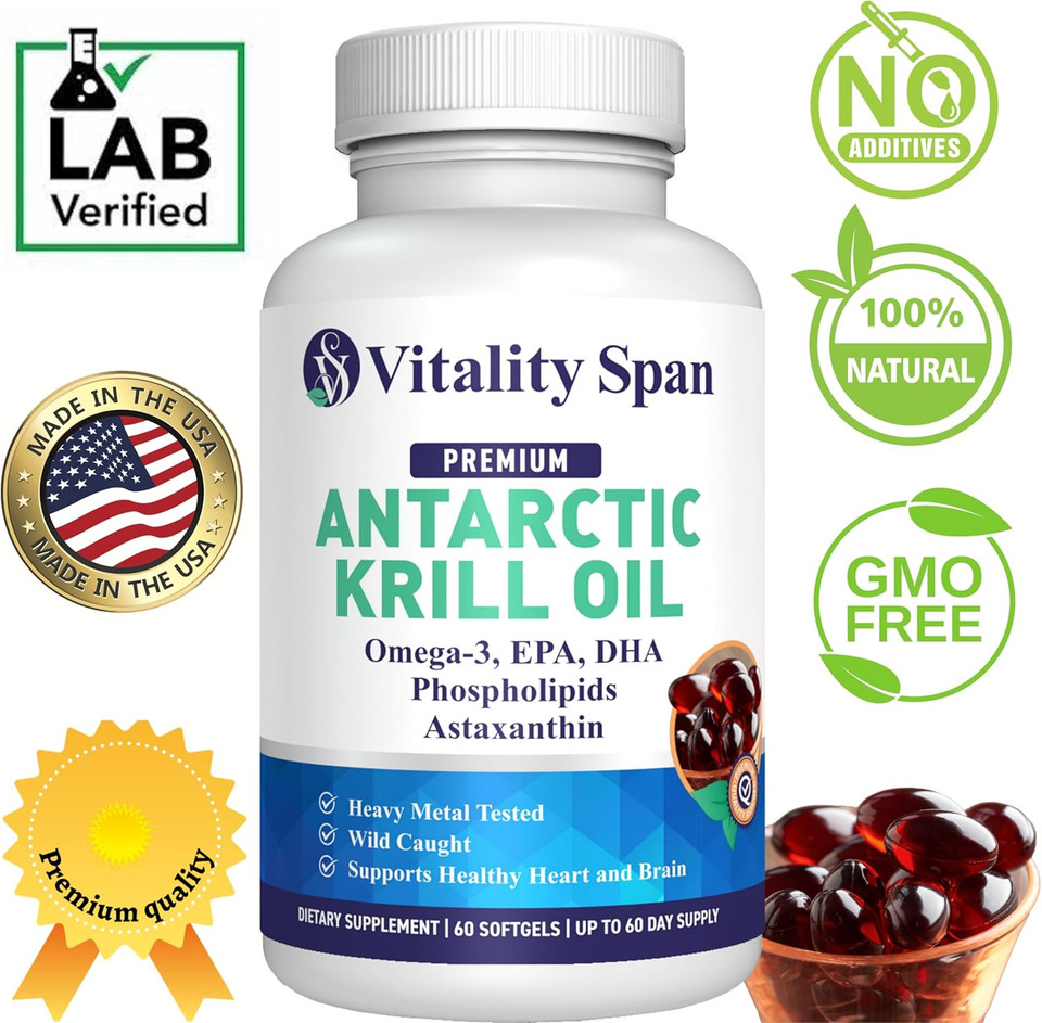 Antarctic Krill Oil Omega 3 Astaxanthin Choline Dha Epa, Superior Absorption, Extra Strength, No Fish Oil Aftertaste, Heavy Metal Tested, Small Size Softgels 500Mg