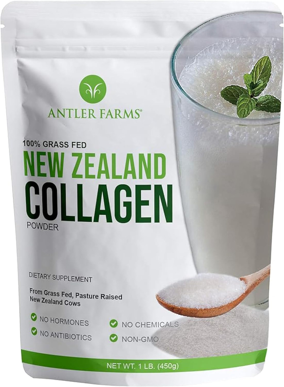 Antler Farms - 100% Pure New Zealand Collagen Powder From Grass Fed Cows, Unflavored, 1 Lb - Hydrolyzed Cold Water Soluble Peptides, Keto Friendly, Bioavailable, Quick Dissolving