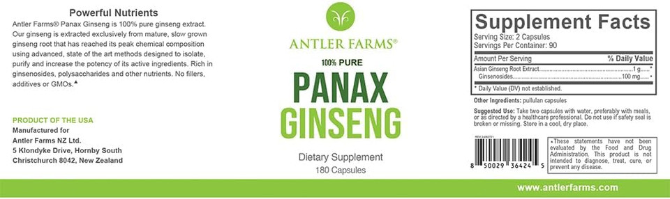 Antler Farms - 100% Pure, Red Panax Ginseng Extract, 180 Capsules, 500Mg - From Slow-Grown Ginseng Root In The Changbai Mountains, 10% Ginsenosides