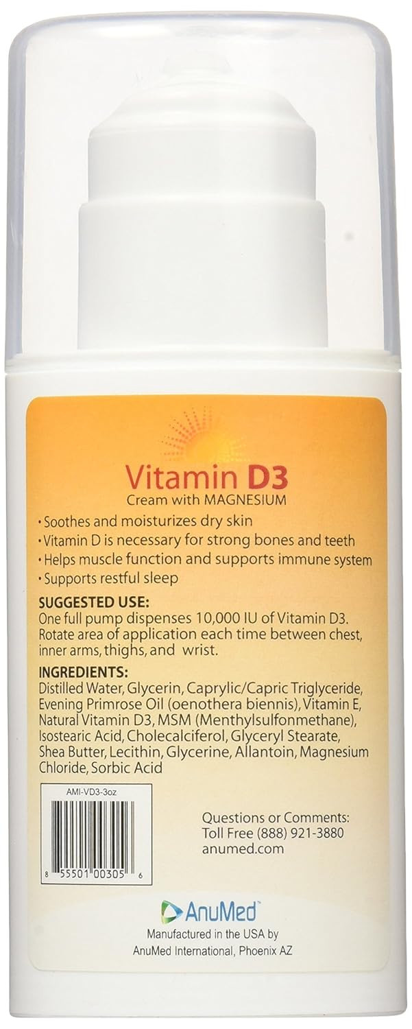 Anumed - Vitamin D3 10,000 Iu Cream With Magnesium + Hyaluronic Acid + Vitamin E For Beautiful And Healthy Skin Care. Promotes Stronger Bones, Muscles, Joints, Heart, Immune System, Non-Greasy (3Oz)