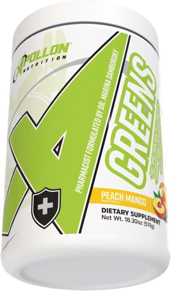 Apollon Nutrition Greens Powder | Nutrient-Dense Greens Supplement With Health-Promoting Foods, Including Spirulina, Vitacherry, Peak02, Grape Seed Extract And Probiotics (30 Servings, Peach Mango)