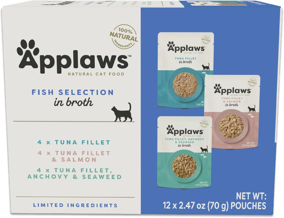 Applaws Natural Wet Cat Food In Broth, Limited Ingredient Wet Cat Food Pouches, No Additives, Made With Natural Ingredients, Tuna With Salmon In Broth (12 X 2.47Oz Pouches)