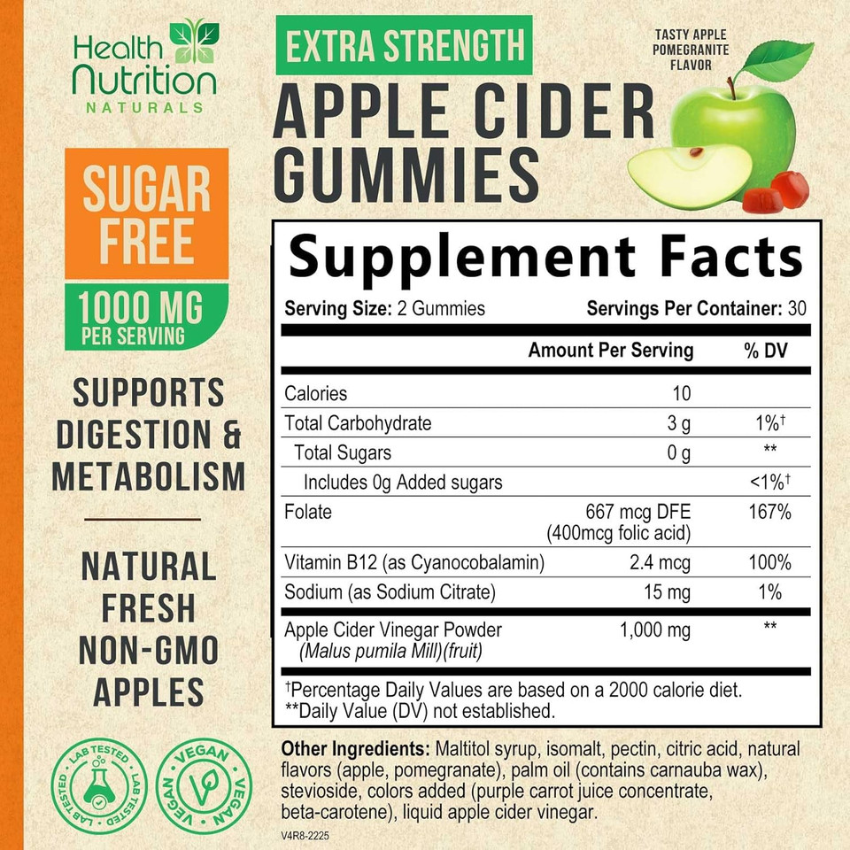 Apple Cider Vinegar Gummies - Sugar Free Acv Gummy Vitamins, Max Strength 1000Mg, Supports Metabolism & Energy, Keto Friendly, Vitamin B12, Gelatin-Free, Gluten-Free, Vegan & Non-Gmo - 60 Gummies