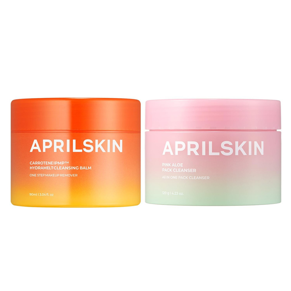 Aprilskin Double Cleanse Duo  Carrotene Ipmp Hydromelt Cleansing Balm & Pink Aloe Facial Polish Cleanser, Hydrating And Gentle Care For Fresh, Radiant Skin