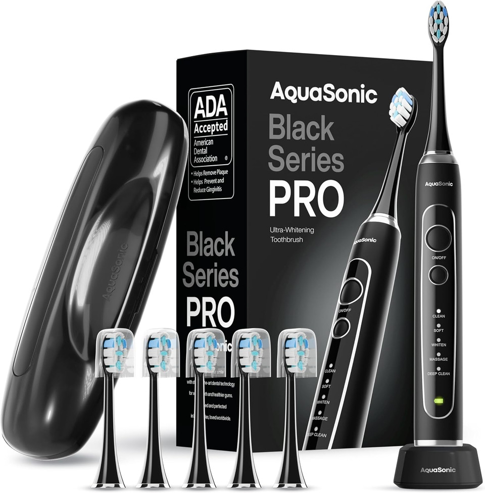 Aquasonic Black Series Pro  Ultra-Whitening Electric Toothbrush  5 Modes & Smart Timers  Premium Travel Case & 6 Proflex Brush Heads  Ada Accepted Toothbrush