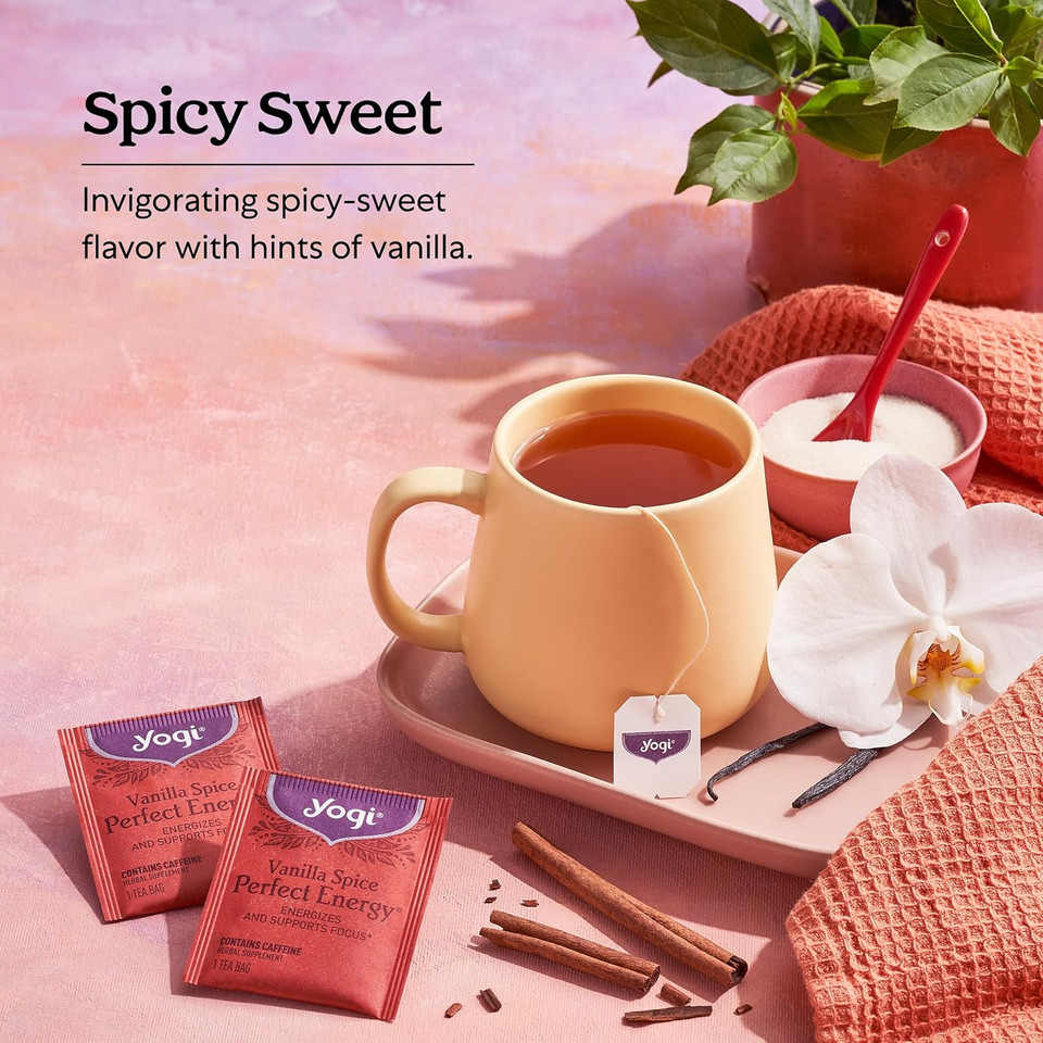 Yogi Tea Vanilla Spice Perfect Energy Tea - 16 Tea Bags Per Pack (6 Packs) - Organic Vanilla Energy Tea - Focus Tea - Includes Green Tea, Black Tea, Ashwagandha, L-Theanine & More