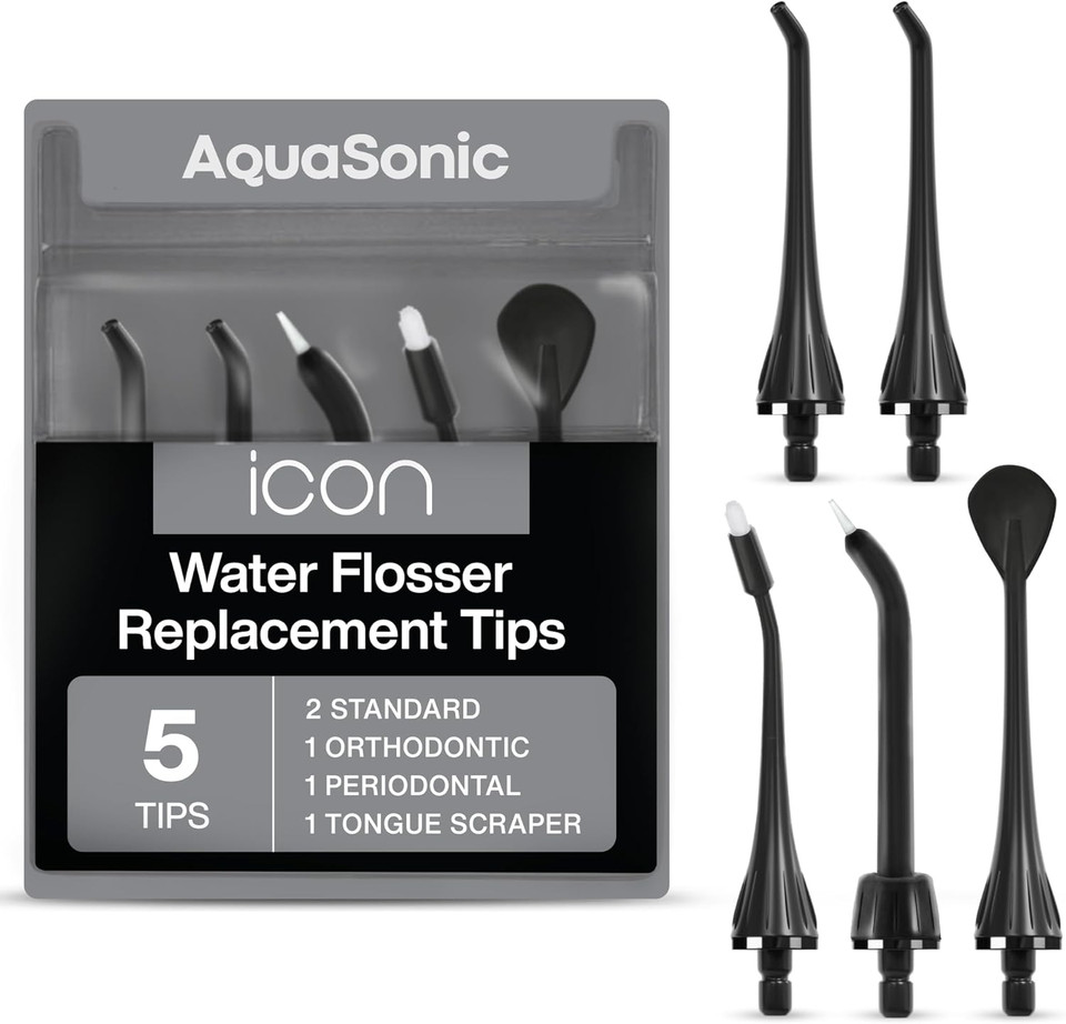 Aquasonic Icon Water Flosser Replacement Tips - 5 Tips, 4 Types: Standard, Periodontal, Orthodontic & Tongue Scraper - Genuine, Authentic Parts (Blush)