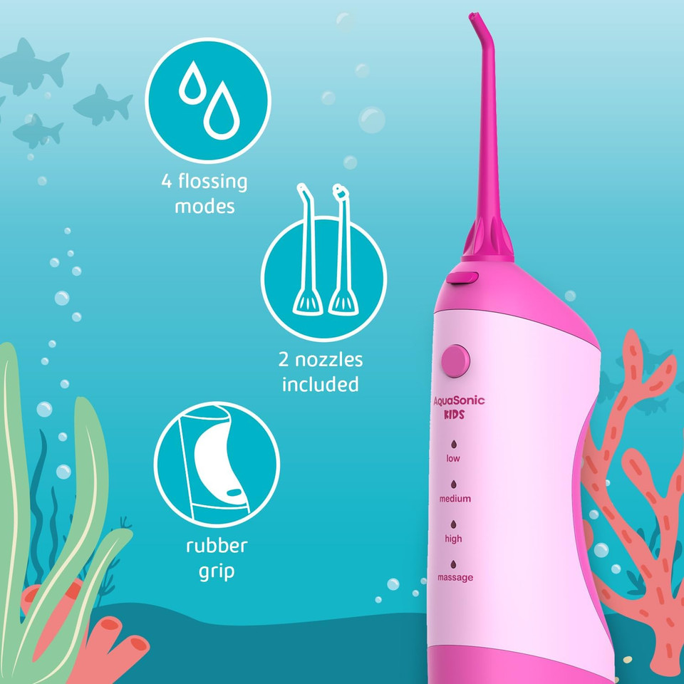 Aquasonic Kids' Water Flosser For Ages 6+ | Standard Nozzle, Orthodontic Nozzle & Waterproof Stickers | 4 Flossing Modes | Aquarium Adventures Theme (Pink)