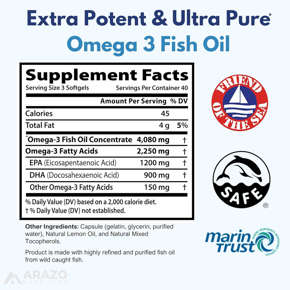 Arazo Nutrition Wild Caught Omega 3 Fish Oil  60 Soft Gels  4,080Mg High Epa 1200Mg Dha 900Mg Lemon Flavor Burpless Softgels