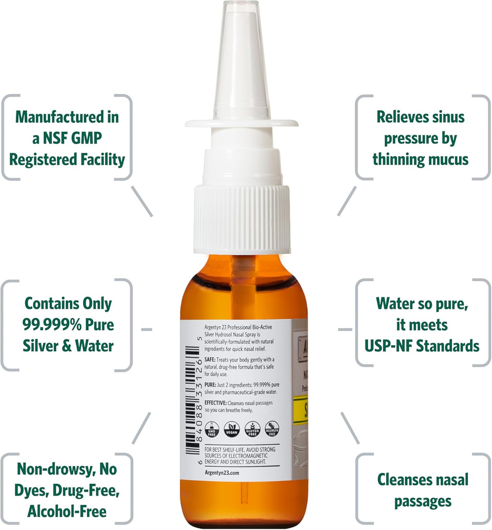 Argentyn 23 Professional Bio-Active Silver Hydrosol For Sinus Relief, Colloidal Silver, 23Ppm, 1Oz (29Ml) Natural Nasal Spray
