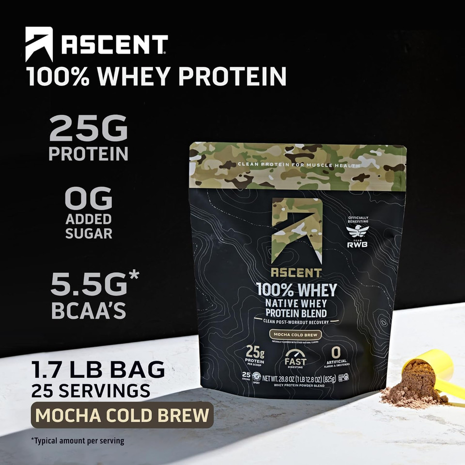 Ascent 100% Whey Protein Powder - Post Workout Whey Protein Isolate, Zero Artificial Flavors & Sweeteners, Gluten Free, 5.5G Bcaa, 2.6G Leucine, Essential Amino Acids, Strawberry 1.7 Lb