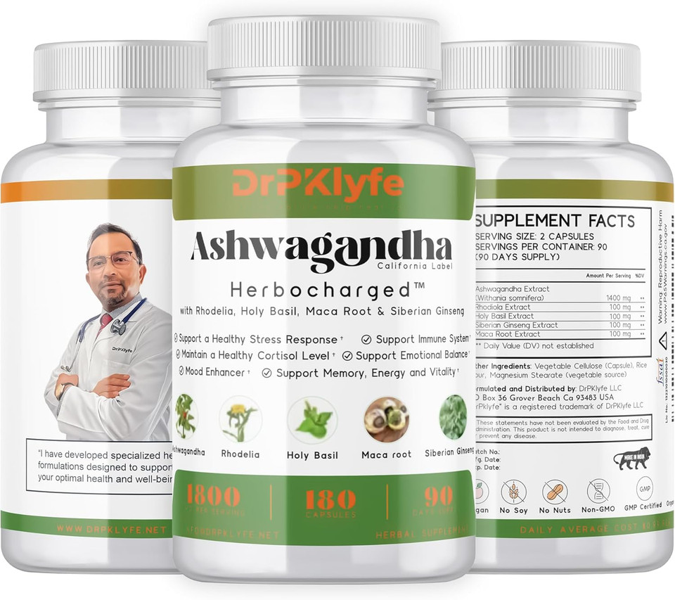 Ashwagandha Complex 5-1 Blend With Rhodiola Rosea Supplement, Maca Root, Holy Basil, Siberian Ginseng For Stress Relief, Focus, Sleep, Energy, Vitality - 180 Capsules, Us Lab Certified