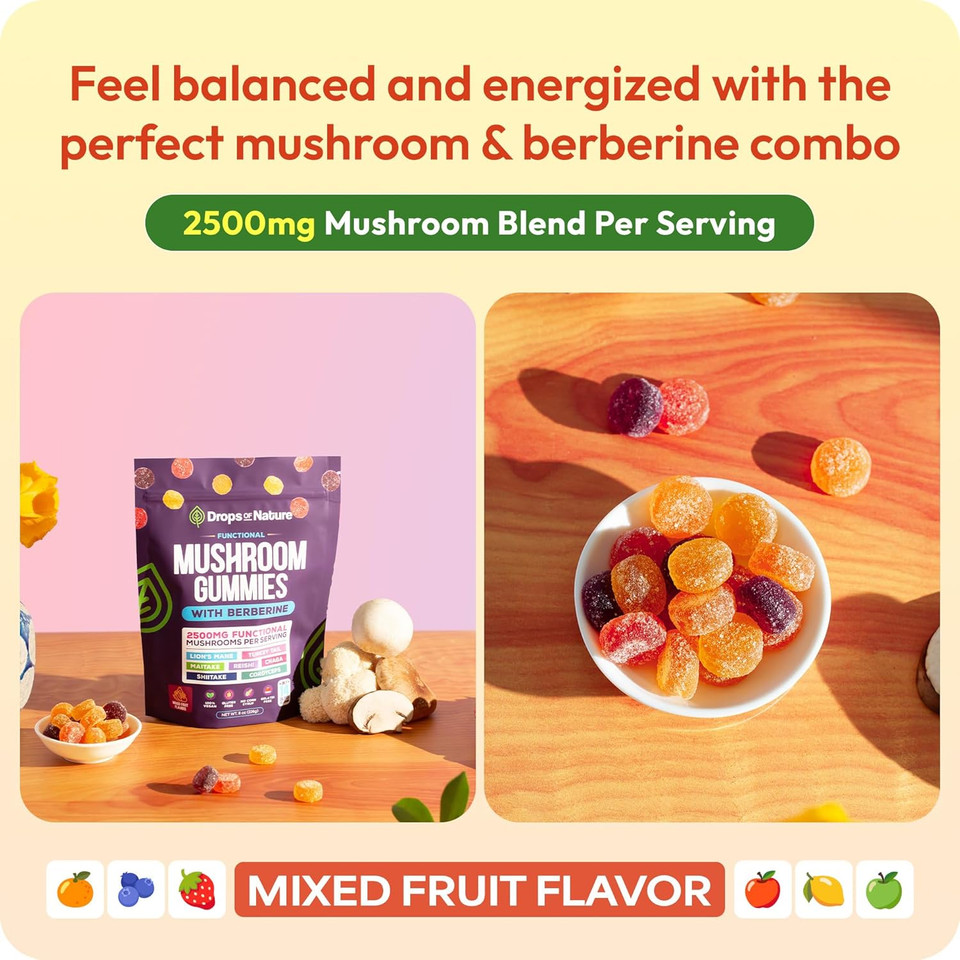 Ashwagandha Gummies And Lions Mane Mushroom Gummies Supplement - Organic - Reishi, Cordyceps, Turkey Tail, Maitake, Shitake, Chaga - Immune Defense, Boosts Cognitive Performance, Vegan, Low Carb