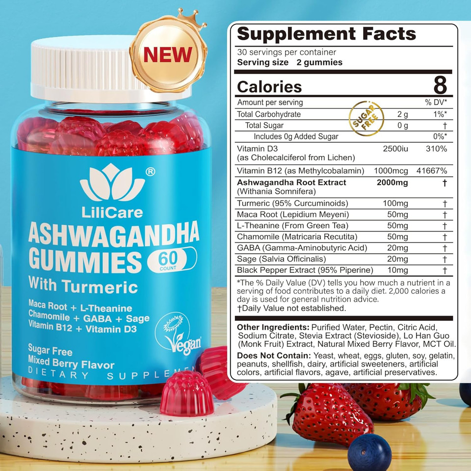 Ashwagandha Gummies, 2000Mg Organic Ashwa Root Extract Supplement For Women & Men - 60 Count - Ashwagandha Blend Gummies Combination Supplements