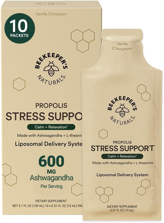 Ashwagandha Liposomal Stress Support By Beekeeper'S Naturals, 600Mg With Propolis, L-Theanine, Anti-Stress Support For Calm & Relaxation, 10Ct