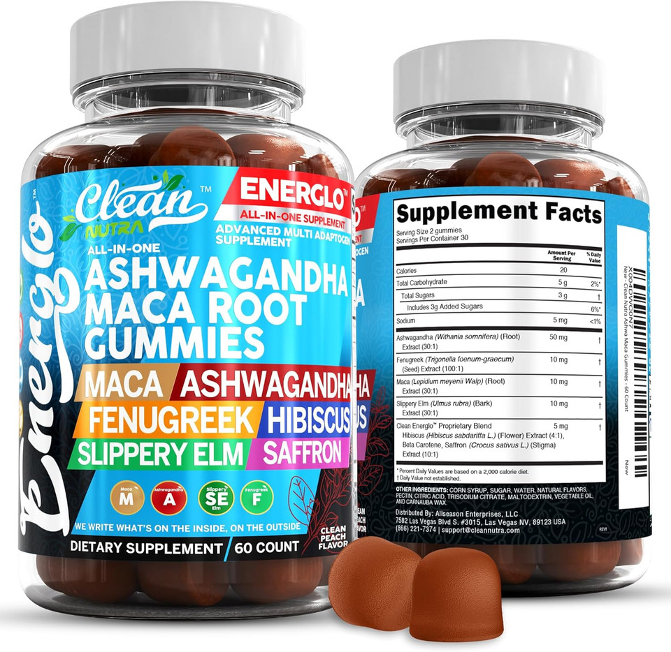 Ashwagandha Maca Root Gummies With Fenugreek Hibiscus Slippery Elm Saffron Extract & Beta Carotene | Peach Flavor Vegan Gummy Vitamins Adaptogen Cortisol Supplement Energlo By Clean Nutra