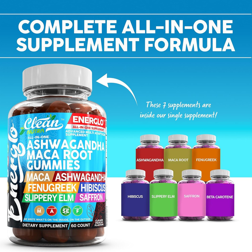 Ashwagandha Maca Root Gummies With Fenugreek Hibiscus Slippery Elm Saffron Extract & Beta Carotene | Peach Flavor Vegan Gummy Vitamins Adaptogen Cortisol Supplement Energlo By Clean Nutra (5)