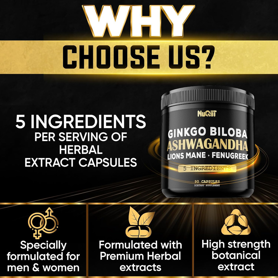 Ashwangdha Capsules 4000Mg Fenugreek Seed 2000Mg Ginkgo Biloba 2000Mg & More - Apple Cider Vinegar, Bladderwrack - Support Brain Health, Comfortable Mind & Immune System - 90 Vegan Capsules