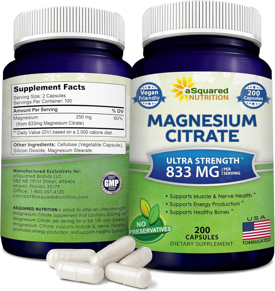 Asquared Nutrition Magnesium Citrate 833Mg Supplement - 200 Capsules - Max Strength Vegan Mag Citrate Powder Pills To Support Pure Function Of Muscles, Heart & Bones - Helps Increase Energy