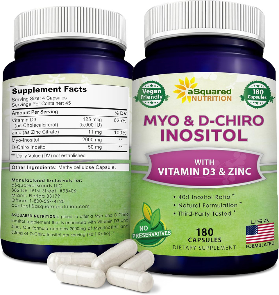 Asquared Nutrition Myo-Inositol & D-Chiro Inositol Supplement - 180 Capsules - Plus Vitamin D3 And Zinc - Myo & D-Chiro Inositol 40 To 1 Ratio - Vit B8 Complex Pills
