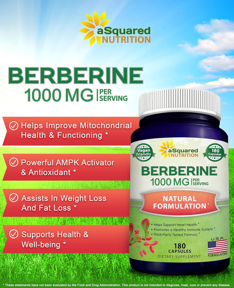 Asquared Nutrition Pure Berberine 1000Mg Supplement - 180 Veggie Capsules, Natural Berberine Hydrochloride Hcl Plus, Max Strength 1000 Mg (2X 500Mg), Potent Berberine Vegan Extract