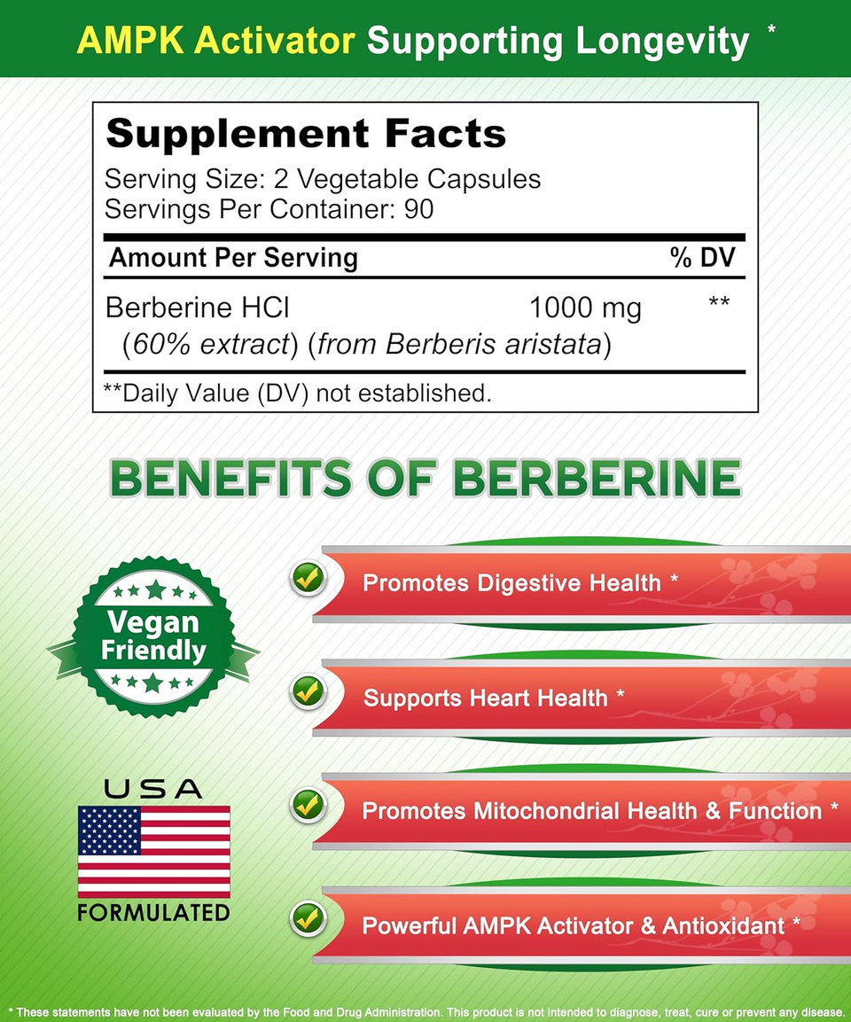 Asquared Nutrition Pure Berberine 1000Mg Supplement - 180 Veggie Capsules, Natural Berberine Hydrochloride Hcl Plus, Max Strength 1000 Mg (2X 500Mg), Potent Berberine Vegan Extract