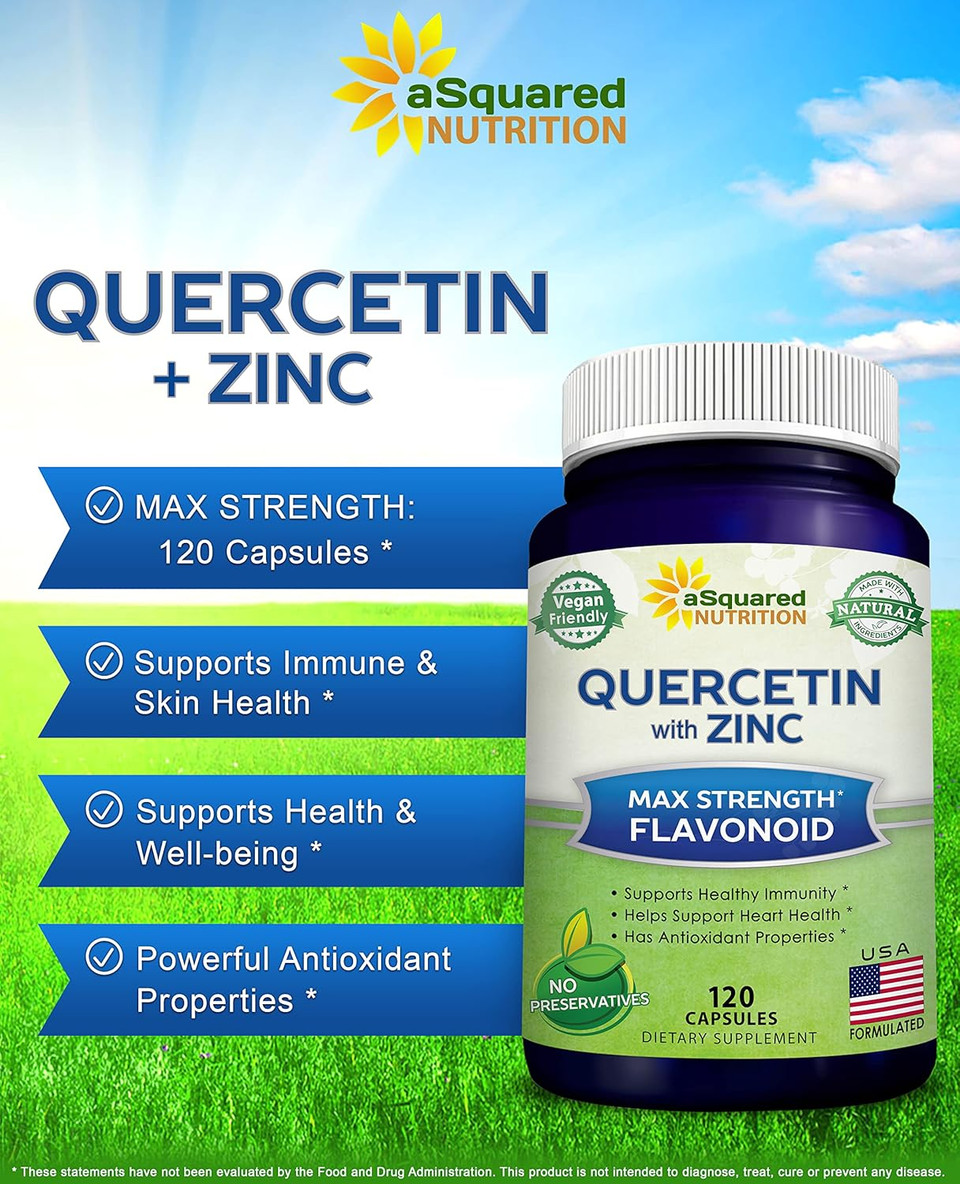 Asquared Nutrition Quercetin 1000Mg With Zinc Supplement - 120 Capsules - Quercetin Dihydrate With Black Elderberry & Zinc - Max Strength Powder Complex Pills To Help Improve Immune Response