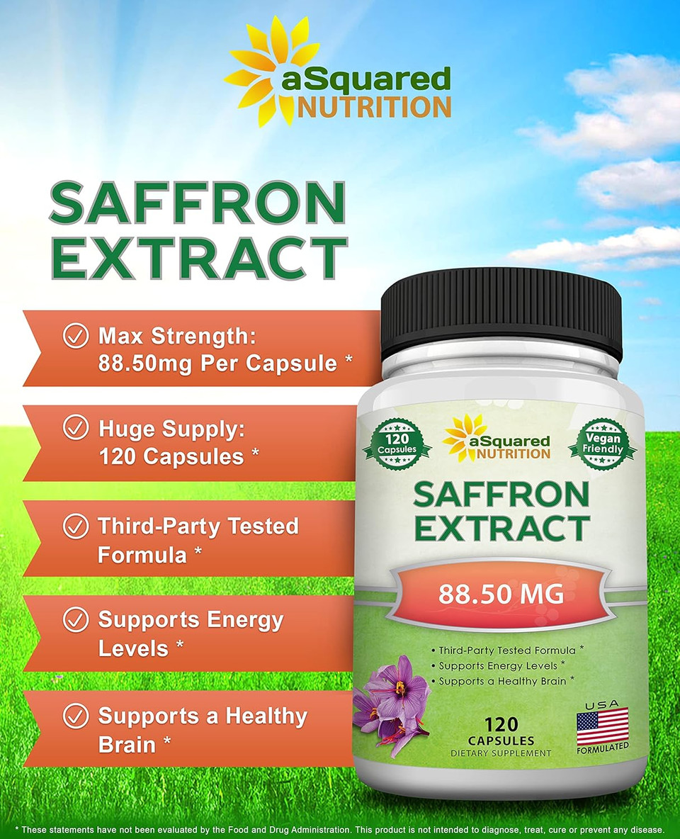 Asquared Nutrition Saffron Supplements - 120 Capsules - Saffron Extract Supplement Pills - Pure Saffron Alternative To Powder, Tea, Threads & Gummies