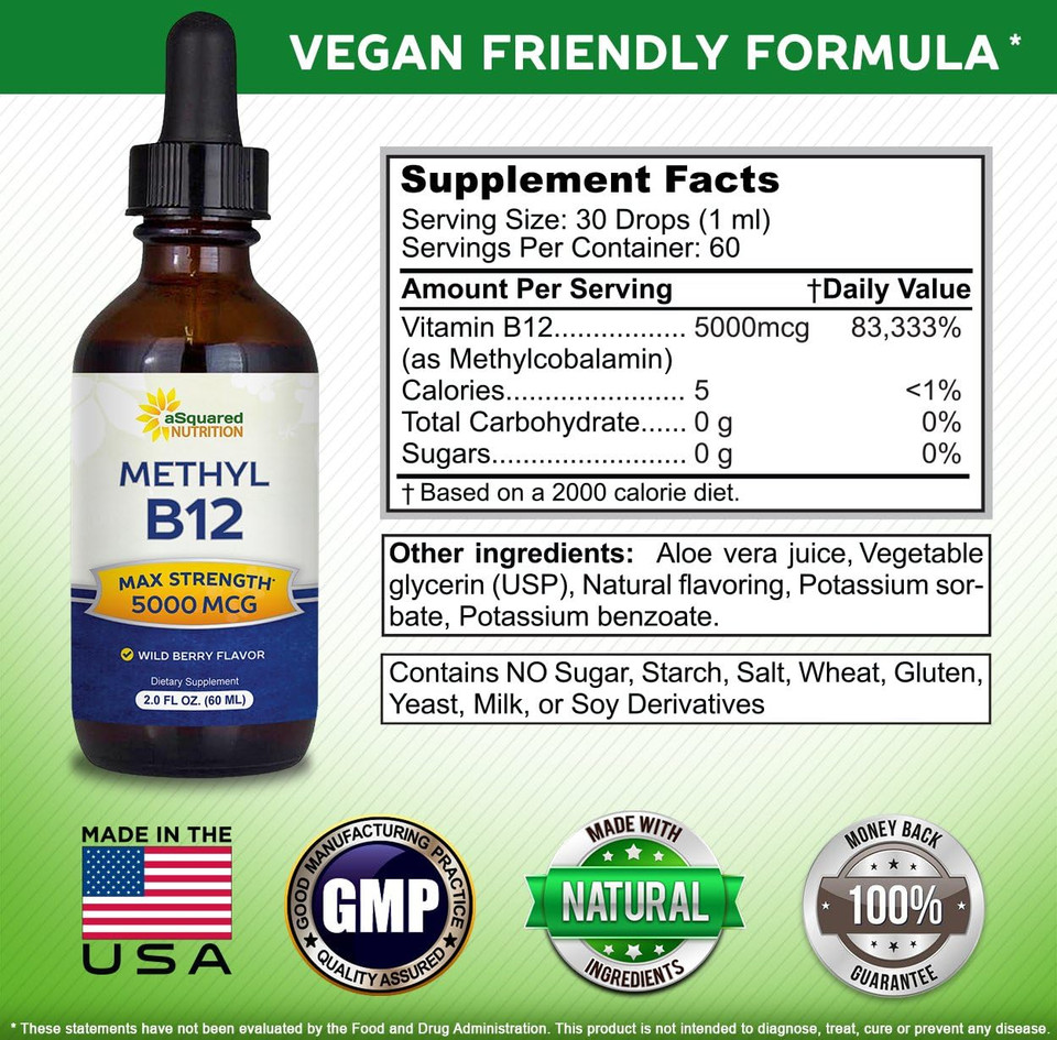 Asquared Nutrition Vitamin B12 Sublingual Liquid Drops - 5000 Mcg Supplement With Methylcobalamin (Methyl B-12) - Max Absorption B 12 To Increase Energy - Vegan Friendly - 2 Fl Oz