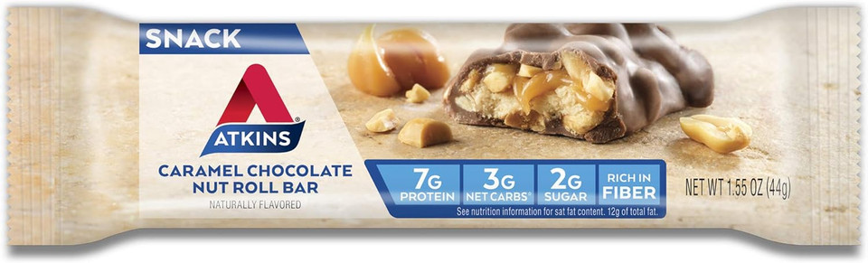 Atkins Caramel Chocolate Nut Roll Snack Bar, Protein Snack, High In Fiber, 2G Sugar, 8 Count