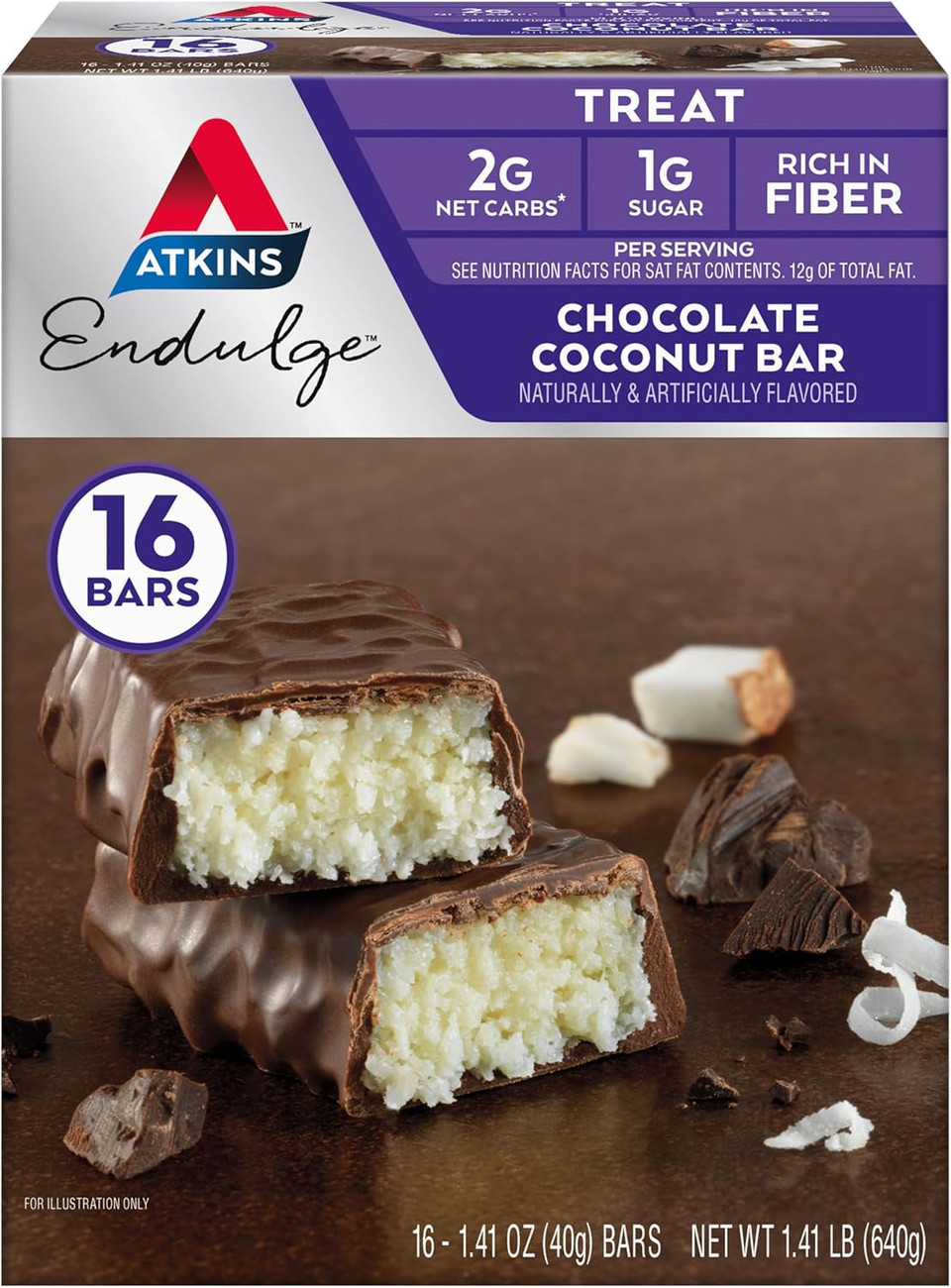 Atkins Endulge Chocolate Coconut Flavored Bar, Low Sugar Treat, High In Fiber, 16 Count