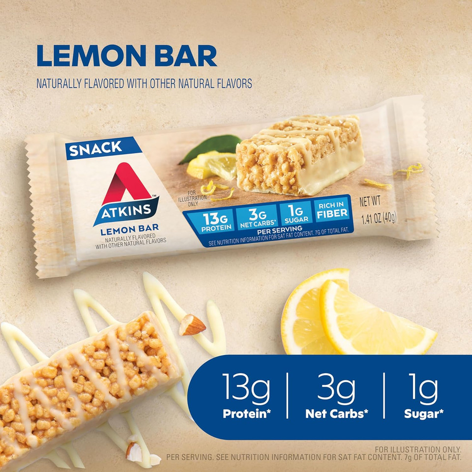 Atkins Lemon Flavored Snack Bar, High Protein Bar, Low Sugar And Low Carb, Keto Friendly Snack, Gluten Free, High In Fiber, Made With Real Almond Butter, 16 Count