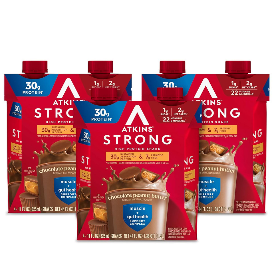 Atkins Strong High Protein Shake, Chocolate Peanut Butter Flavor, 30G Protein, Low Carb And Low Sugar Shake, Keto Friendly, Gluten Free, Muscle And Gut Health Support Complex, 12 Count