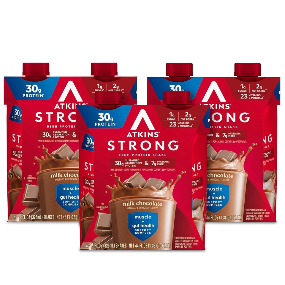 Atkins Strong High Protein Shake, Milk Chocolate Flavored, 30G Protein, Low Carb And Low Sugar Shake, Keto Friendly, Gluten Free, Muscle And Gut Health Support Complex, 12 Count