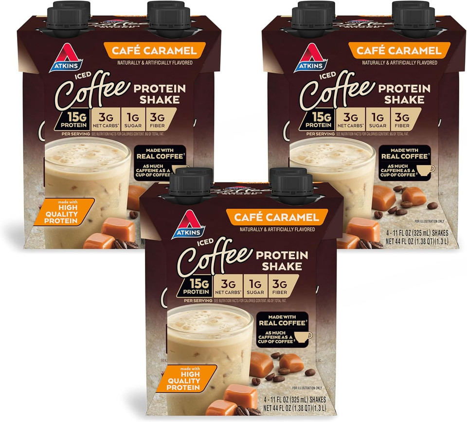 Atkins Café Caramel Iced Coffee Protein Shake & Mocha Latte Iced Coffee Protein Shake, 15G Protein, Low Glycemic, 4G Net Carb, 1G Sugar, Keto Friendly