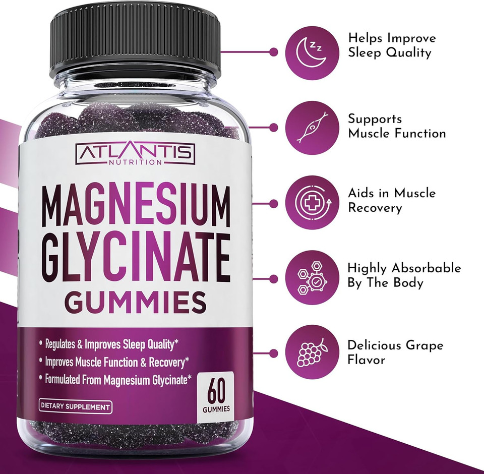 Atlantis Nutrition Magnesium Glycinate Gummies 700Mg  Vegan Magnesium Glycinate For Kids & Adults  Muscle Support & Enhanced Sleep - Delicious Grape Flavor - For Whole Family - 60 Count