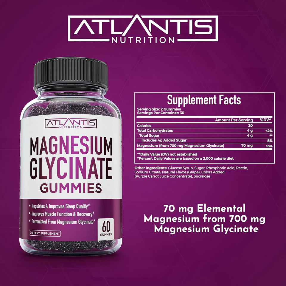 Atlantis Nutrition Magnesium Glycinate Gummies 700Mg  Vegan Magnesium Glycinate For Kids & Adults  Muscle Support & Enhanced Sleep - Delicious Grape Flavor - For Whole Family - 60 Count