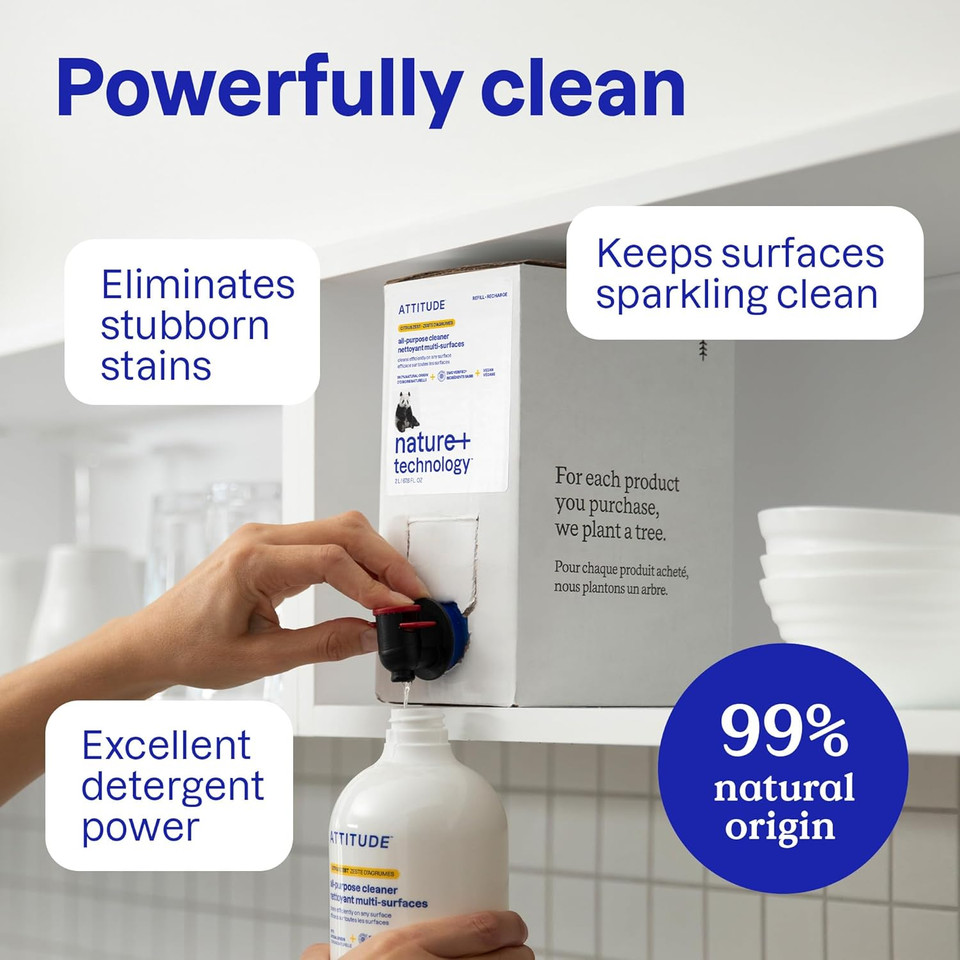 Attitude All Purpose Cleaner Spray, Ewg Verified, Vegan, Made With 94% Plant-Based Ingredients, Streak-Free For Kitchen, Bathroom, Glass & More, Citrus Zest Scent, 27.1 Fl Oz