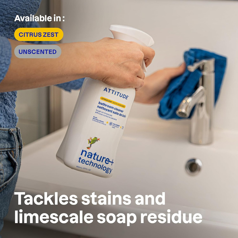 Attitude Bathroom Cleaner Spray, Ewg Verified, Plant-Based & Vegan, Safe For Bathroom Surfaces, Tiles, Tubs, Shower Walls, And Grout, Unscented, 27.1 Fl Oz