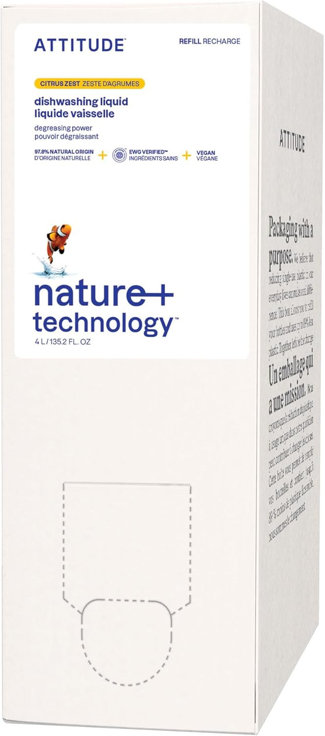 Attitude Dish Soap Refill, Ewg Verified, Plant-Based & Vegan Dishwashing Liquid, Naturally Derived, Citrus Zest Scent, 135.3 Fl Oz