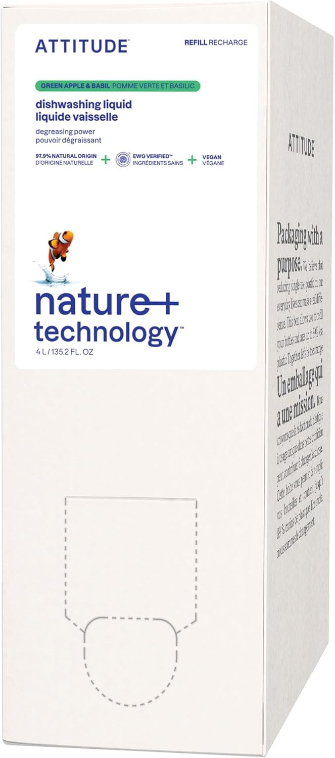 Attitude Dish Soap Refill, Ewg Verified, Plant-Based & Vegan Dishwashing Liquid, Naturally Derived, Green Apple & Basil Scent, 135.3 Fl Oz