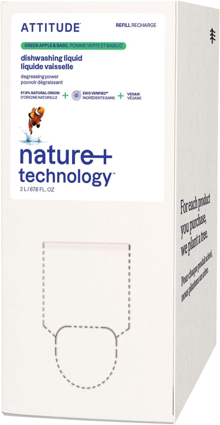 Attitude Dish Soap Refill, Ewg Verified, Plant-Based & Vegan Dishwashing Liquid, Naturally Derived, Green Apple & Basil Scent, 67.6 Fl Oz