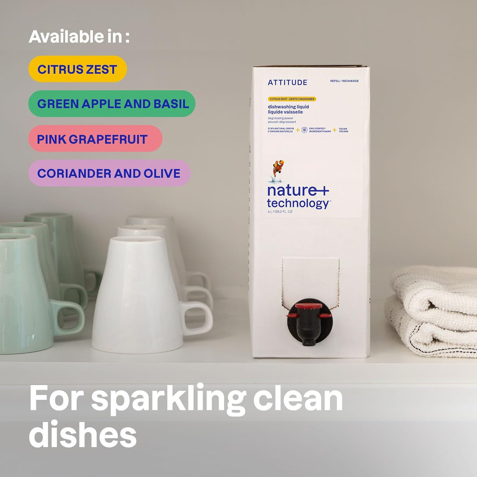 Attitude Dish Soap Refill, Ewg Verified, Plant-Based & Vegan Dishwashing Liquid, Naturally Derived, Pink Grapefruit, 135.3 Fl Oz