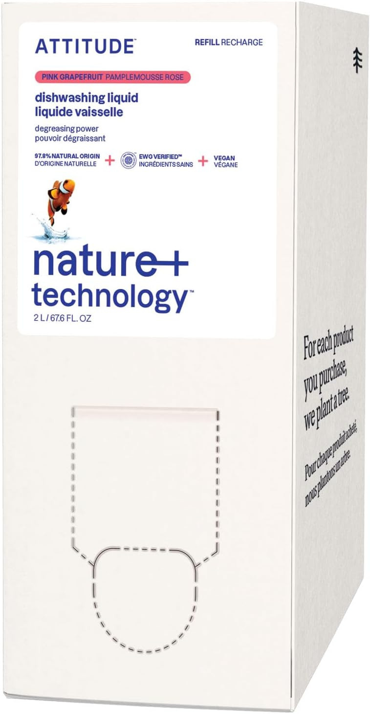 Attitude Dish Soap Refill, Ewg Verified, Plant-Based & Vegan Dishwashing Liquid, Naturally Derived, Pink Grapefruit, 67.6 Fl Oz