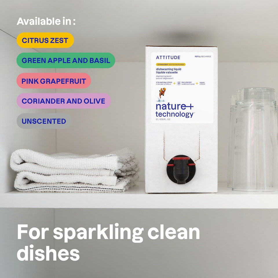 Attitude Dish Soap Refill, Ewg Verified, Plant-Based & Vegan Dishwashing Liquid, Naturally Derived, Pink Grapefruit, 67.6 Fl Oz