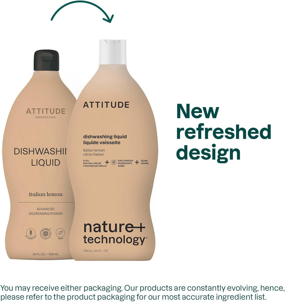 Attitude Dish Soap, Ewg Verified, Plant-Based & Vegan Dishwashing Liquid, Naturally Derived, Italian Lemon Scent, 24 Fl Oz