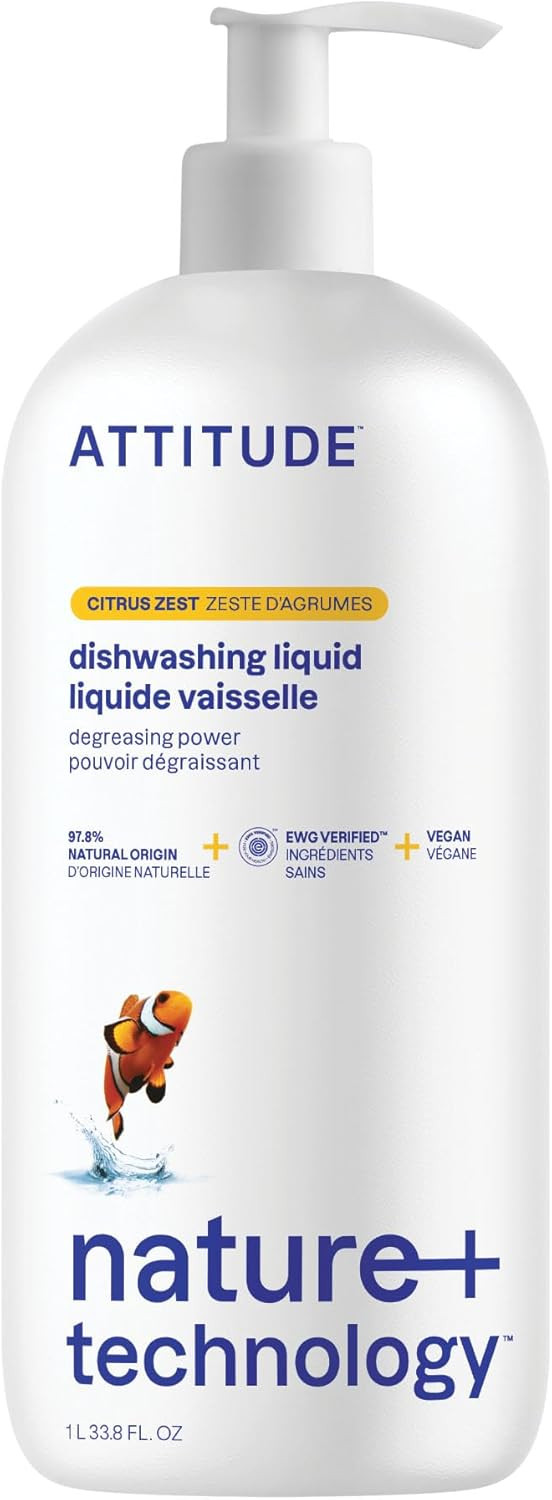 Attitude Dish Soap, Ewg Verified, Plant-Based & Vegan Dishwashing Liquid, Naturally Derived, Wildflowers Scent, 33.8 Fl Oz