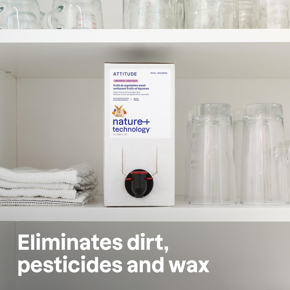 Attitude Fruit & Vegetable Wash Refill, Food-Safe Produce Wash, Removes Dirt & Residue, Vegan & Plant-Based Ingredients, Unscented, 67.6 Fl Oz