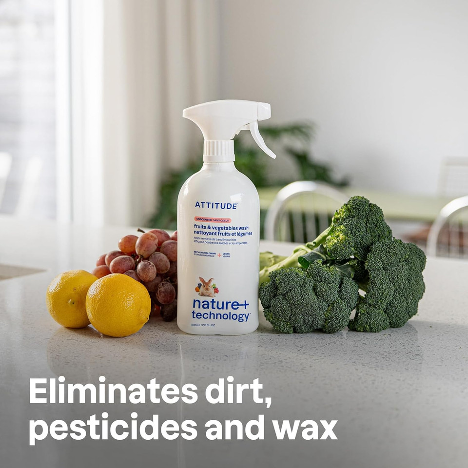 Attitude Fruit & Vegetable Wash, Food-Safe Produce Wash, Removes Dirt & Residue, Vegan & Plant-Based Ingredients, Unscented, 27.1 Fl Oz