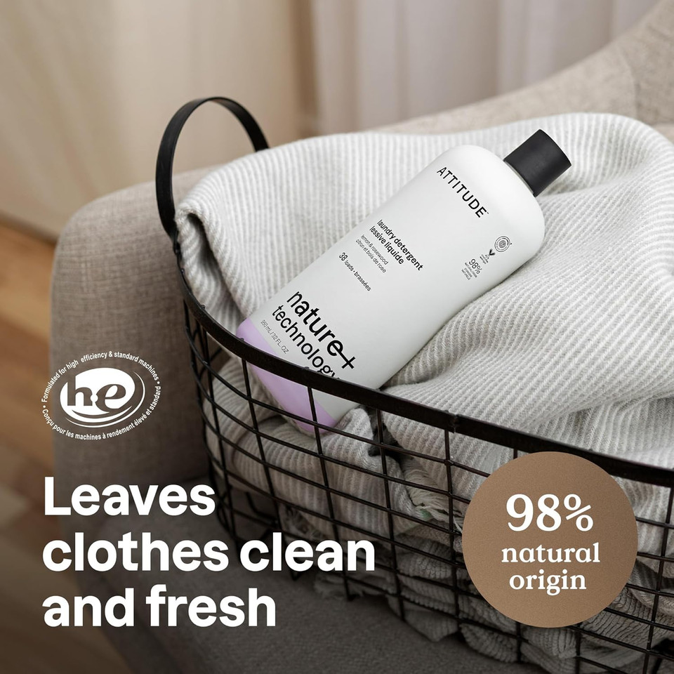 Attitude Laundry Detergent Liquid, Natural Origin Ingredients, Ewg Verified, High Efficiency (He), For White And Colored Clothing, Lemon And Rosewood, 38 Loads, 32 Fl Oz